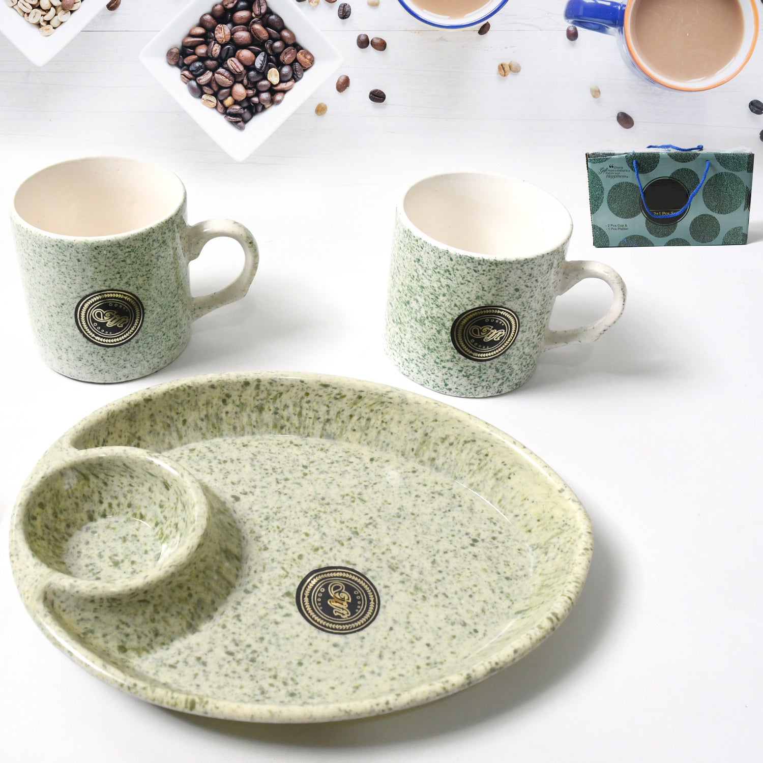 Alpino Ceramic Tea  Cups Set With Plastic Serving 2 Compartment Platter Milk Cup  Mug Coffee Cup Tea Cup Bpa Free Food Grade Or Outdoor For Household Gift For Birthday (3 Pcs Set)