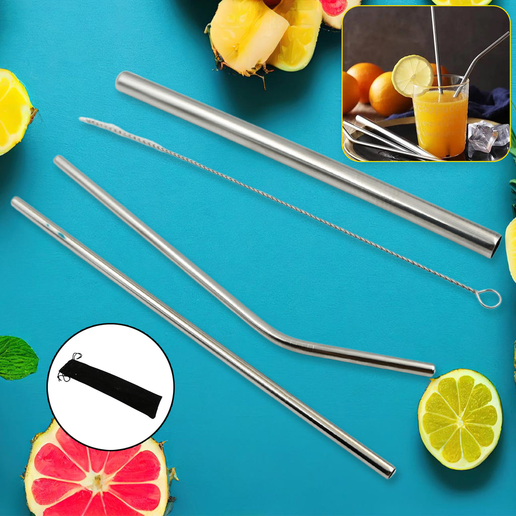 Reusable Stainless Steel Straws With Travel Case Cleaning Brush Eco Friendly Extra Long Metal Straws Drinking Set Of 4 (2 Straight Straws 1 Bent Straws 1 Brush)