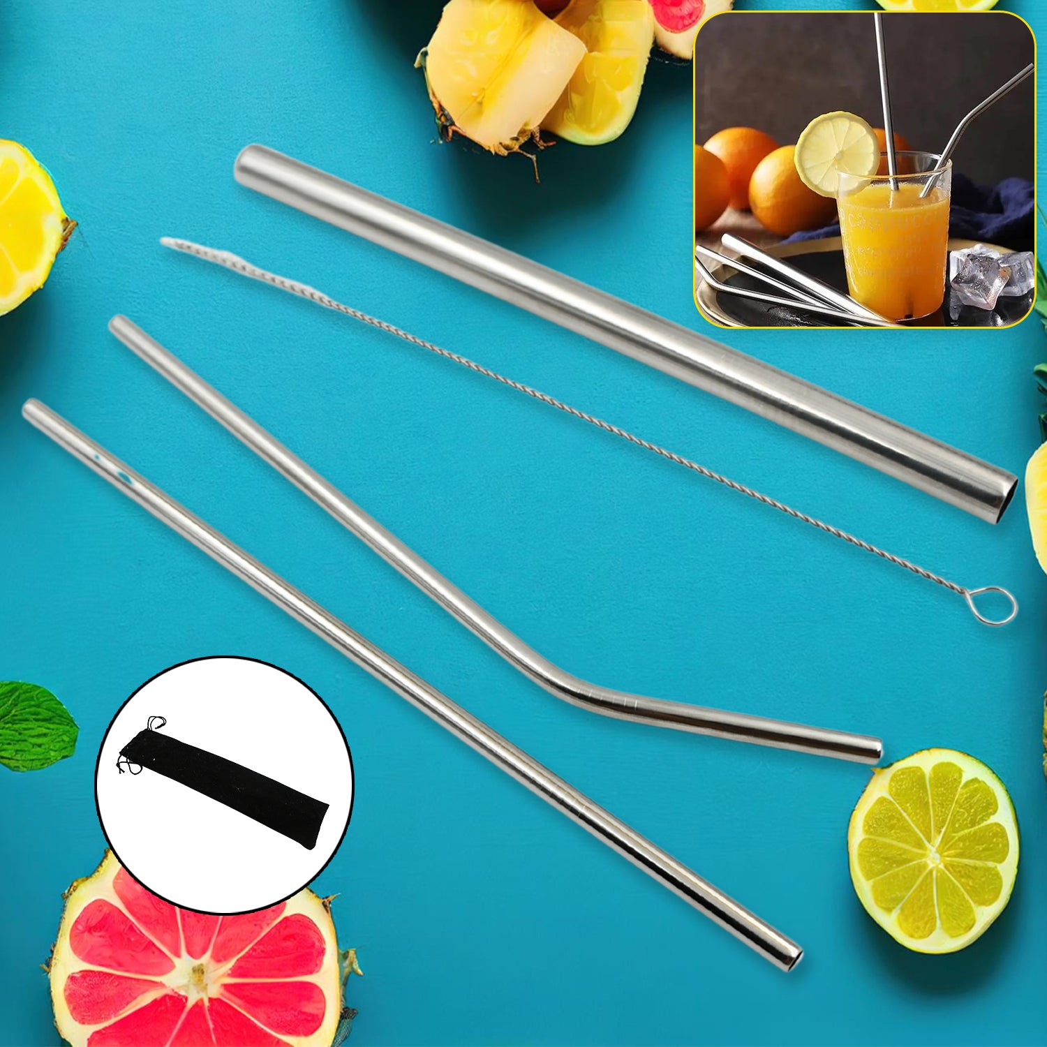 Reusable Stainless Steel Straws With Travel Case Cleaning Brush Eco Friendly Extra Long Metal Straws Drinking Set Of 4 (2 Straight Straws 1 Bent Straws 1 Brush)