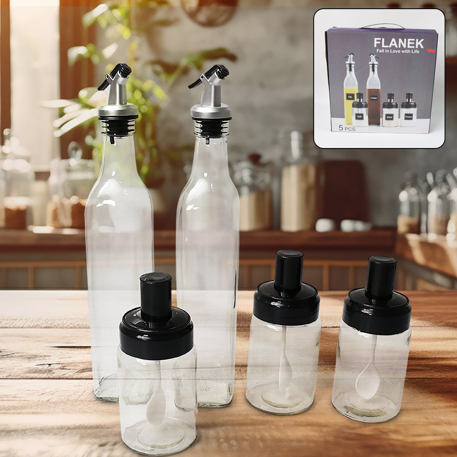 Transparent Glassoil Dispenser 500 Ml Bottle Set Of 2 Spice Jar 250 Ml Set Of 3 Oil Bottle For Kitchen Oil  Vinegar Storage Glass Bottle Glass Container For Spice Masala (5 Pcs Set)