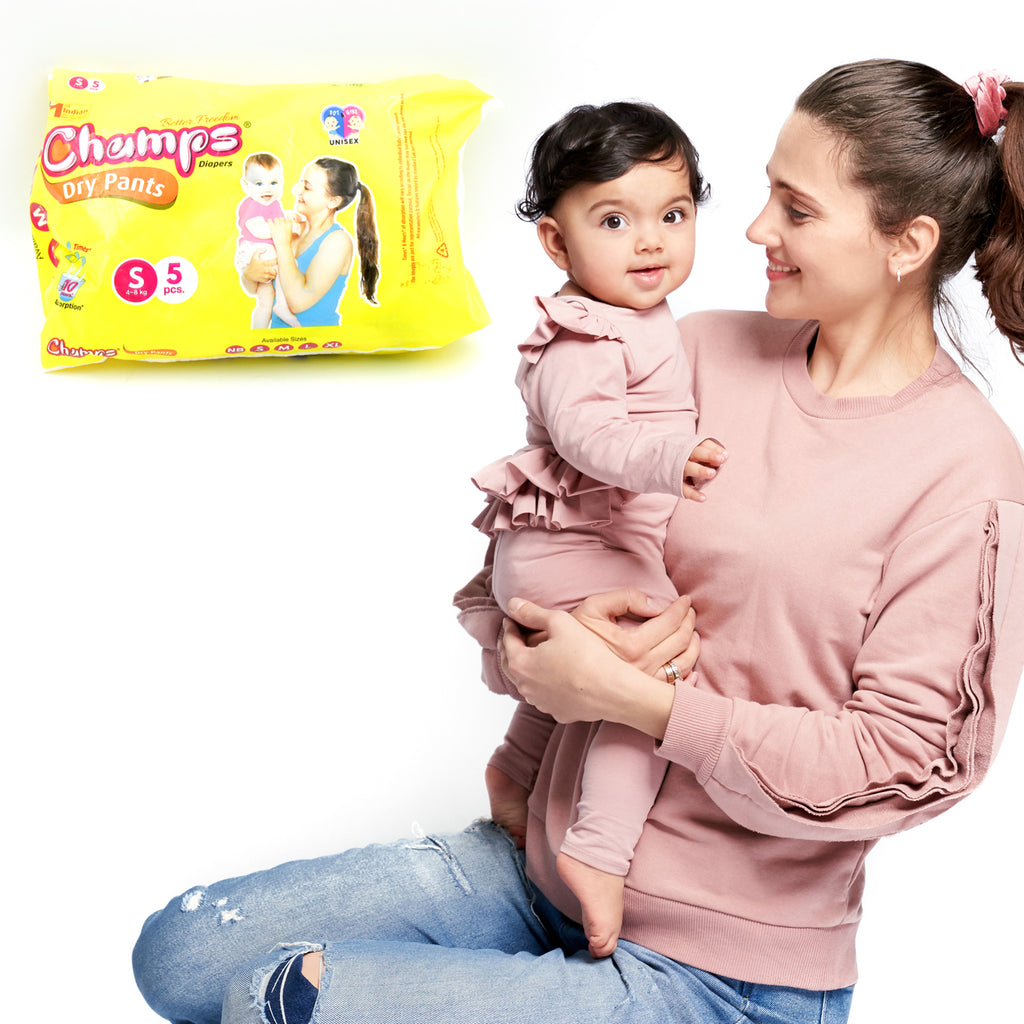 Small  Champs Dry Pants Style Diaper- Small Best For Travel  Absorption Champs Baby Diapers Champs Soft And Dry Baby Diaper Pants (S5 Pcs )