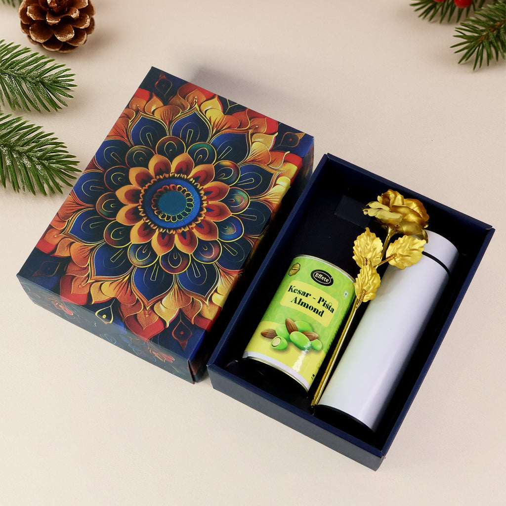 Effete Kesar Pista Almonds Gift Hamper Golden Rose With Bottle (3 Pc Set)