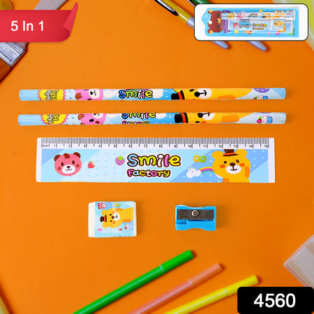 4560 Wooden Pencil Set Stationary Set 5 In 1 Items Educational Item For School Going Kids Stationary Set For Girls Boysstationary For Schoolgift Pack For Girls Kidsbirthday Gift Kids (5 Pc Set