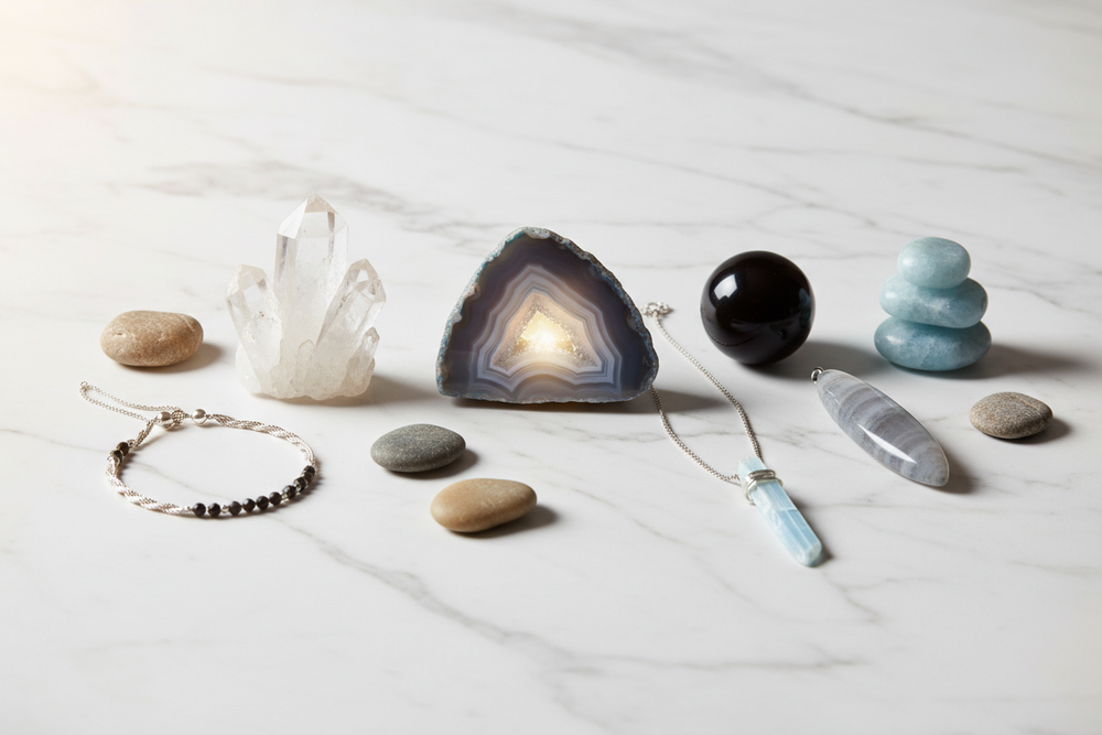 -design-a-fresh-summer-banner-using-white-grey-black-and-light-blue-tones-with-soft-earthy-hints-add-gentle-warm-highlights-or-sunny-glow-effects-display-a-curated-mix-of-natural-gem-stones-products-in-a-clean-airy