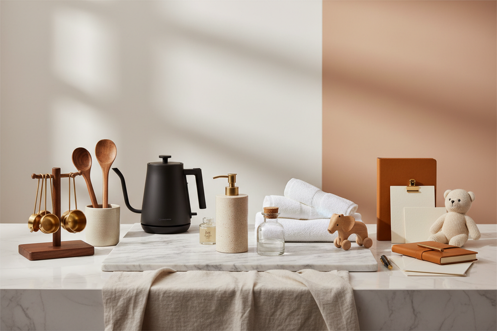 “Design a luxury lifestyle editorial hero banner featuring my product collection home decor, kitchen, bathroom utilities,stationary and toys,arranged stylishly on a clean, elegant backdrop. Use soft lighting, premium textures, subtle gradients, and high-fashion magazine aesthetics. The image should feel classy, modern, and premium—ideal for an upscale homepage.”