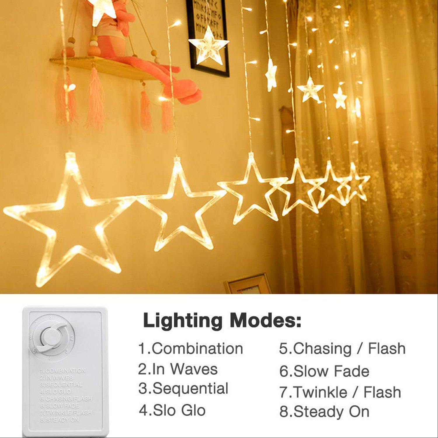 12 Stars Curtain String Lights Window Curtain Lights With 8 Flashing Modes Decoration For Festivals