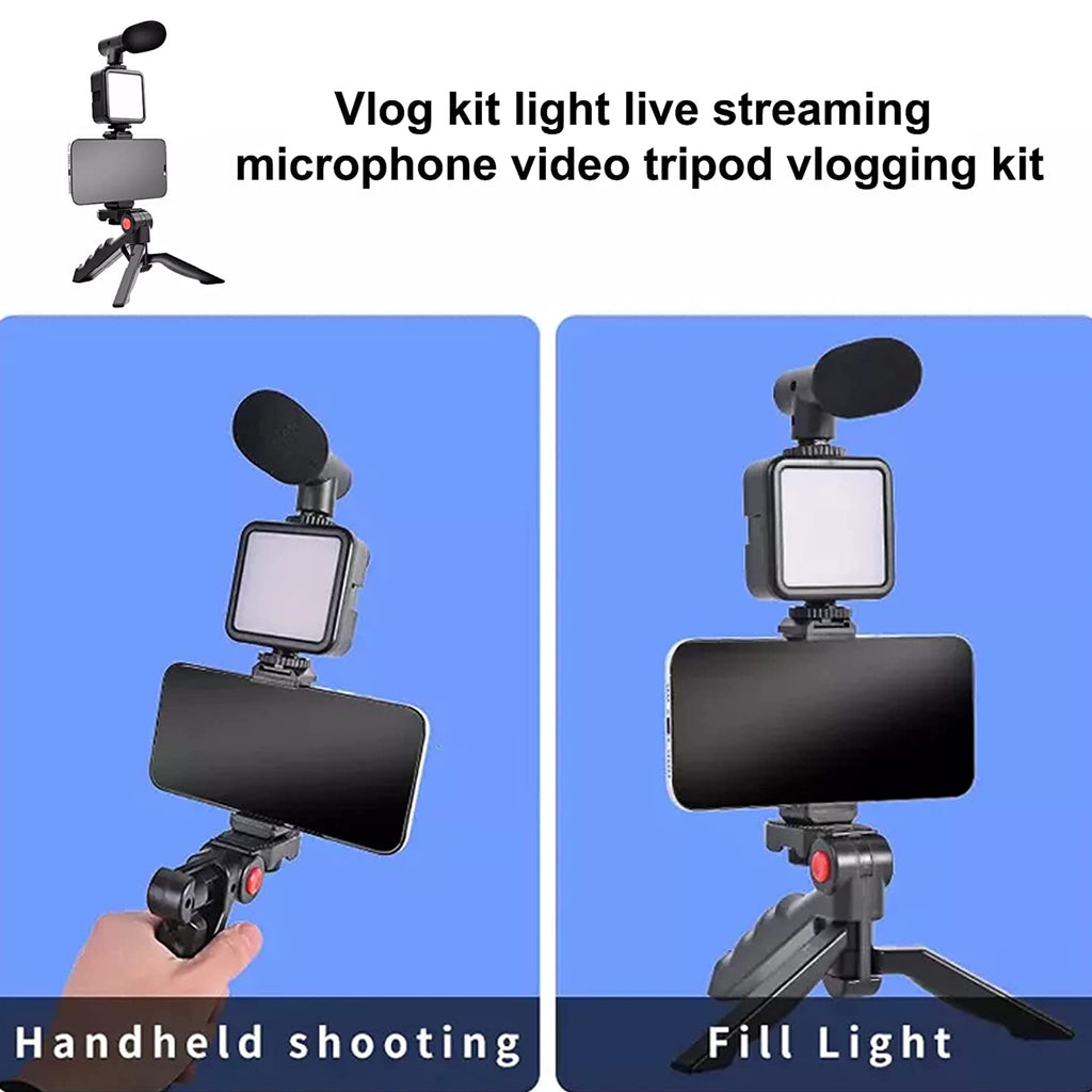 Vlogging Kit For Video Making With Mic Mini Tripod Stand Led Light  Phone Holder Clip For Making Videos