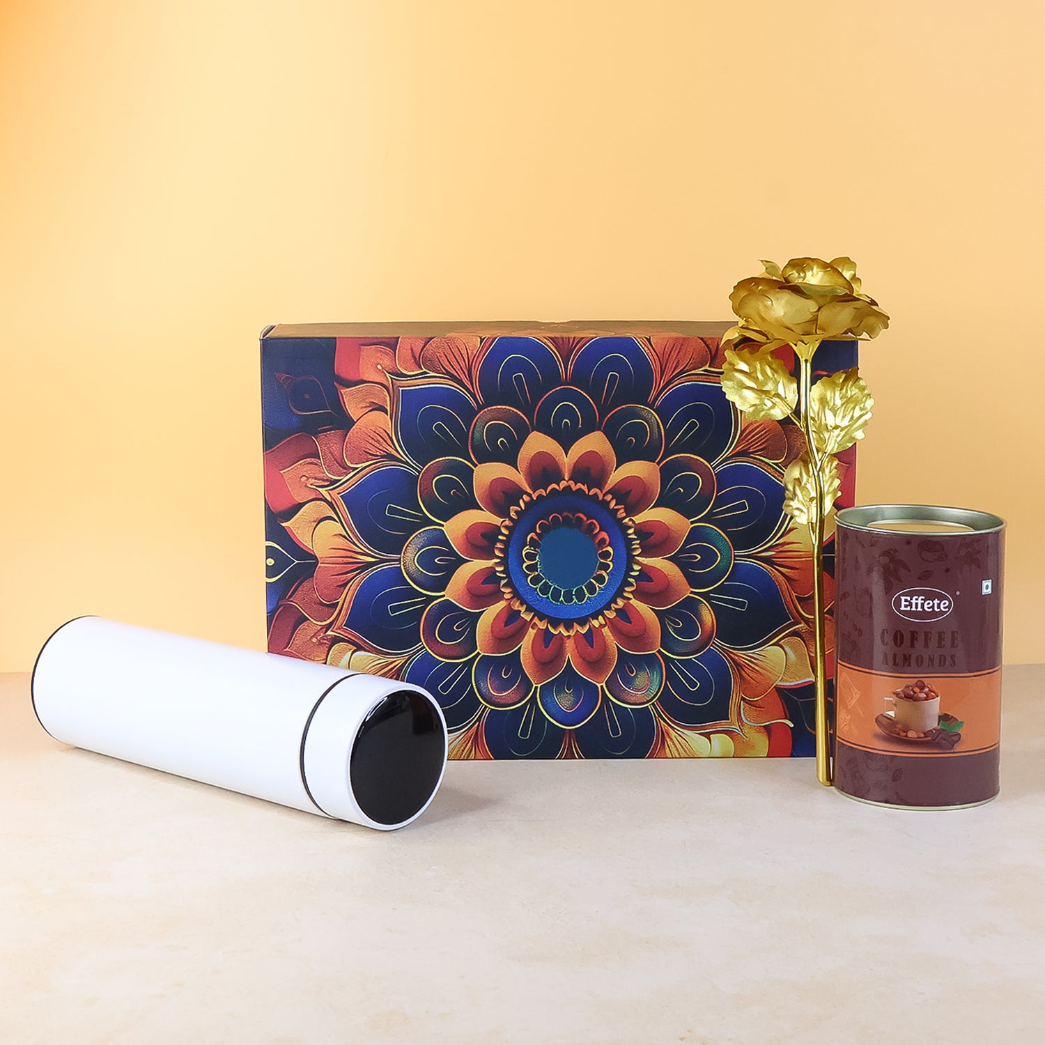 Effete Coffee Almonds Gift Hamper Golden Rose With Bottle (3 Pc Set)