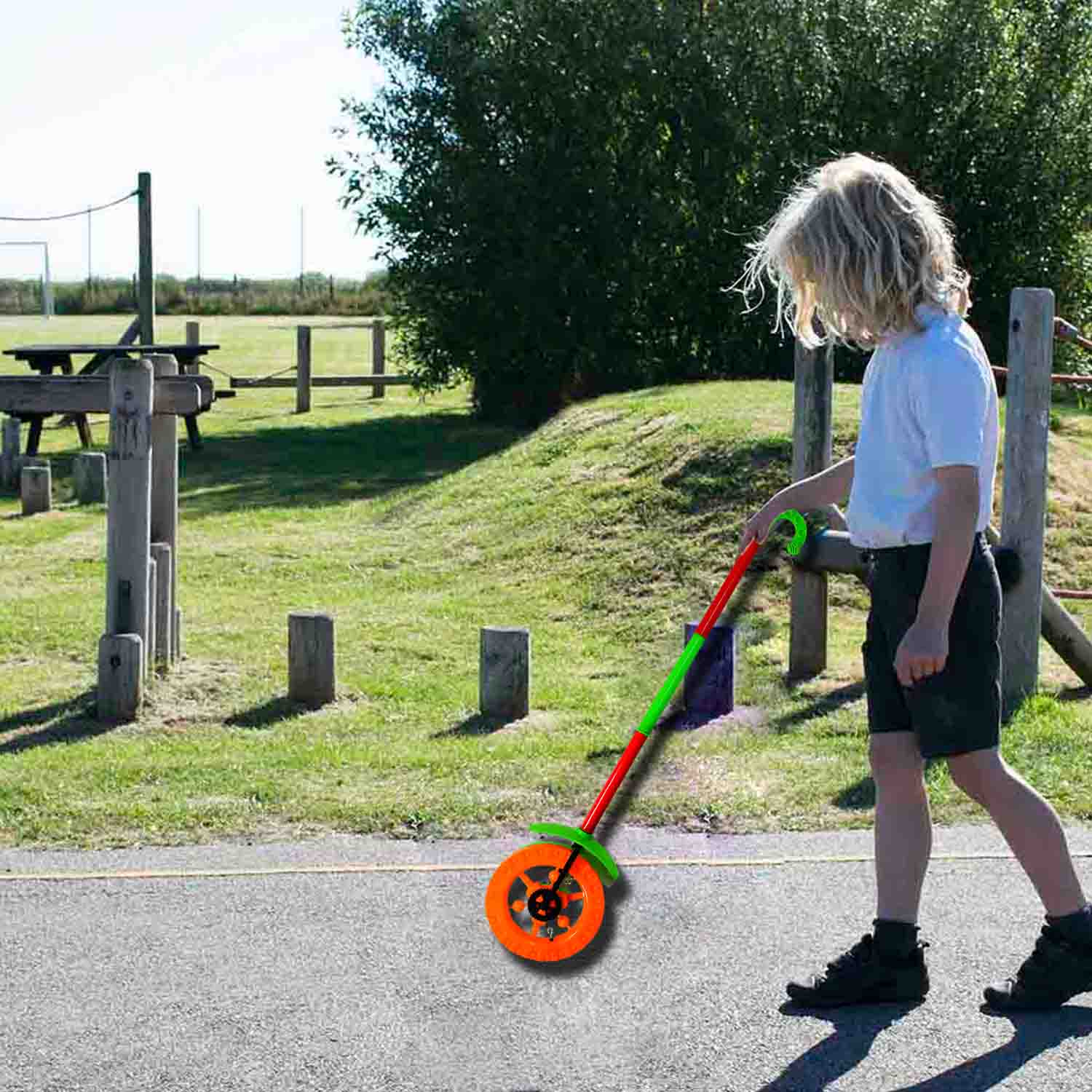 4435 Plastic Single Wheel Push Run Toy With Handle And Two Lights On Wheel. Push Toy For Kids.