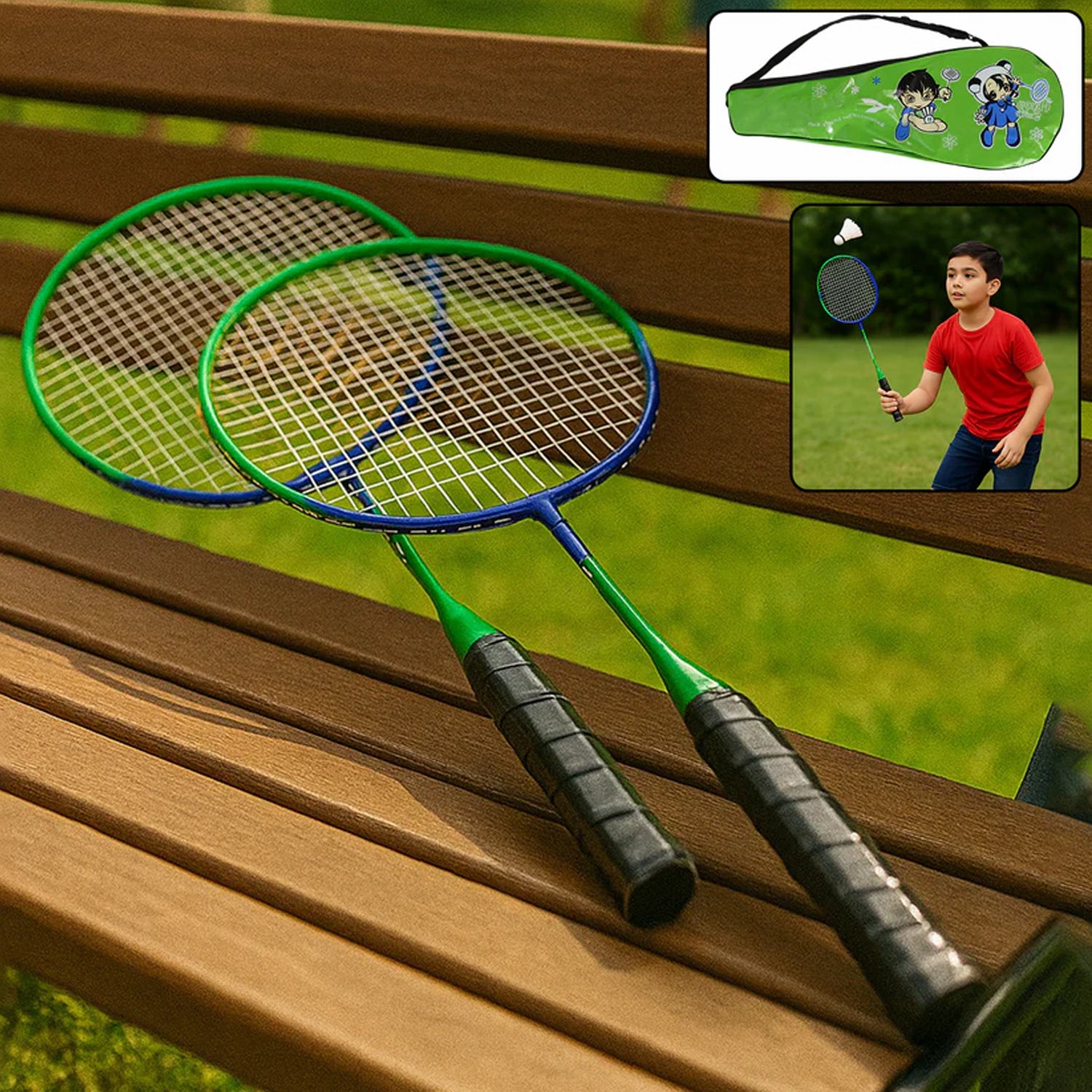 2 Pc Lightweight Kids Badminton Racket Set With Carry Bag