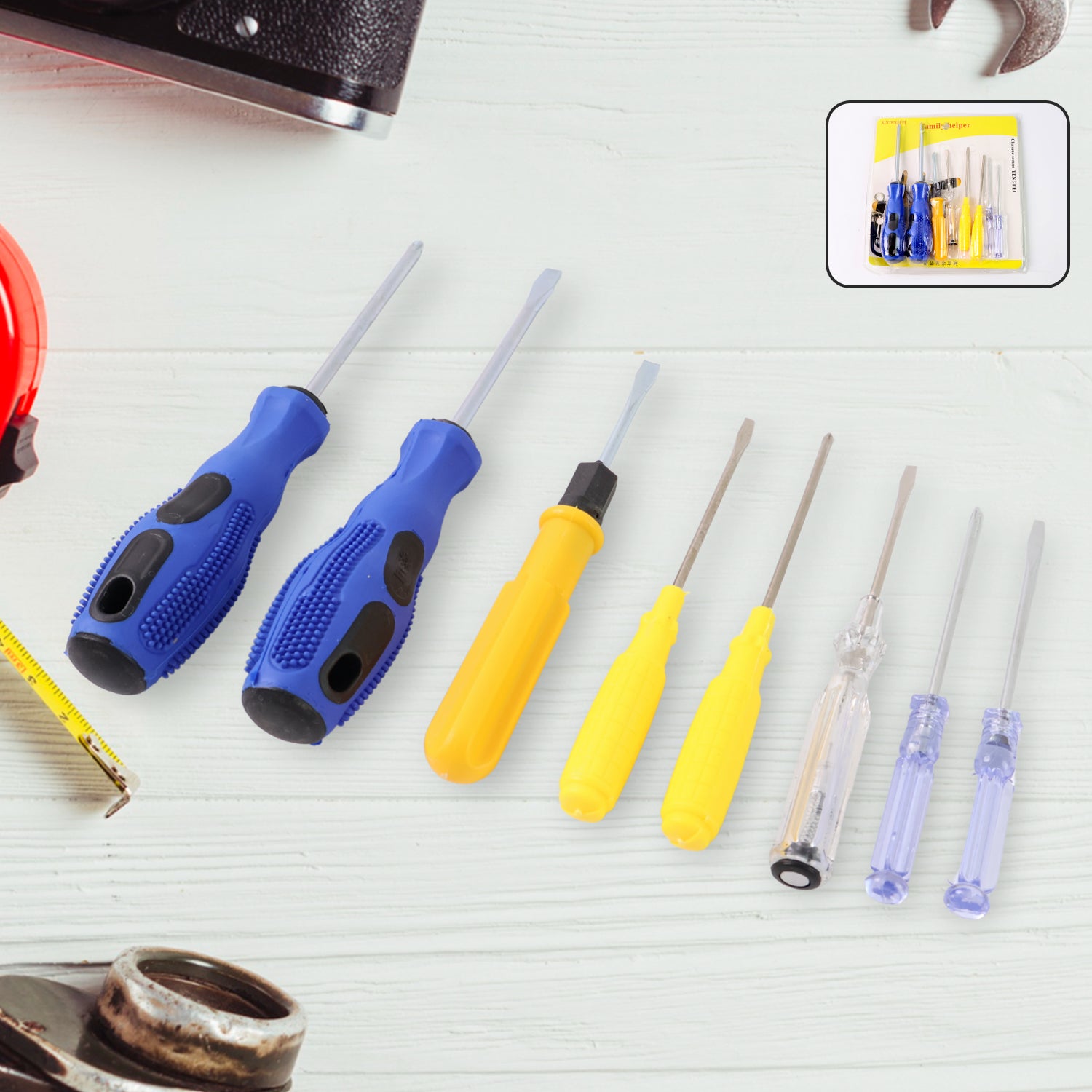 8 In 1 Hand Tool Kit Steel And Plastic Hammer Screwdriver  Tape