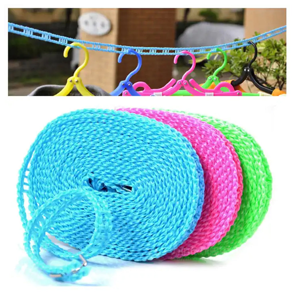 3 Meters Windprood Anti-slip Clothes Washing Line Drying Nylon Rope With Hooks Durable Camping Clothesline Portable Clothes Drying Line Indoor Outdoor Laundry Storage For Travel Home Use (3 Mtr.)