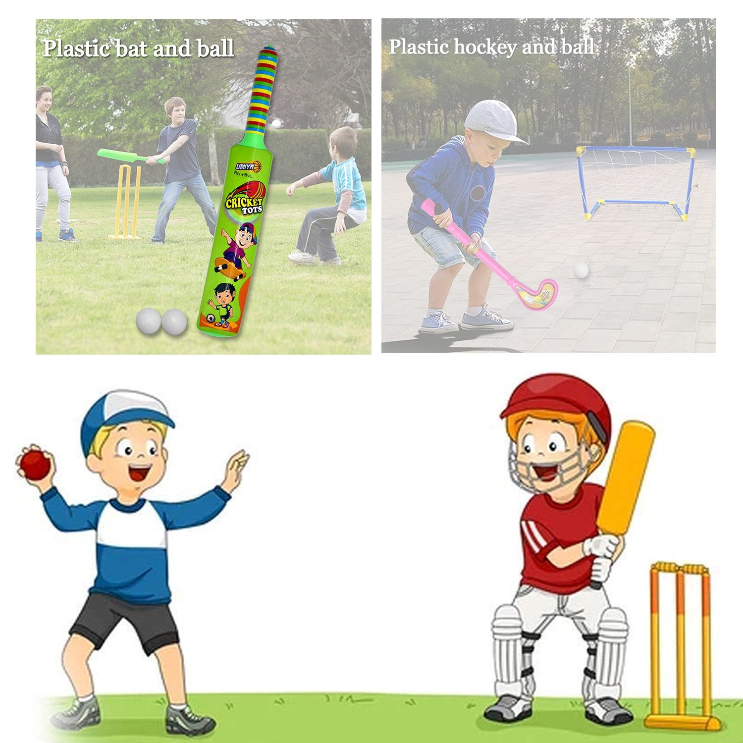Combo Of Light Weight Plastic Bat Ball  Hockey For Kids Boys Indoor Outdoor Play